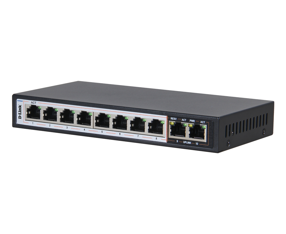 D-Link DGS-F1010P-E 8 Port PoE+ Gigabit Unmanaged Switch with 2 Gigabit Uplink Ports | 96W, 250m Extend Mode D-Link DGS-F1010P-E 8 Port PoE+ Gigabit Unmanaged Switch with 2 Gigabit Uplink Ports | 96W, 250m Extend Mode
